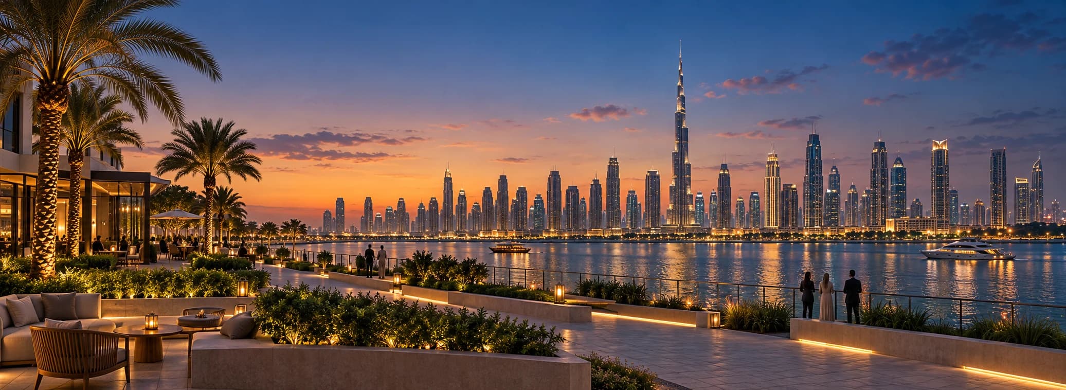 Dubai waterfront and skyline at blue hour