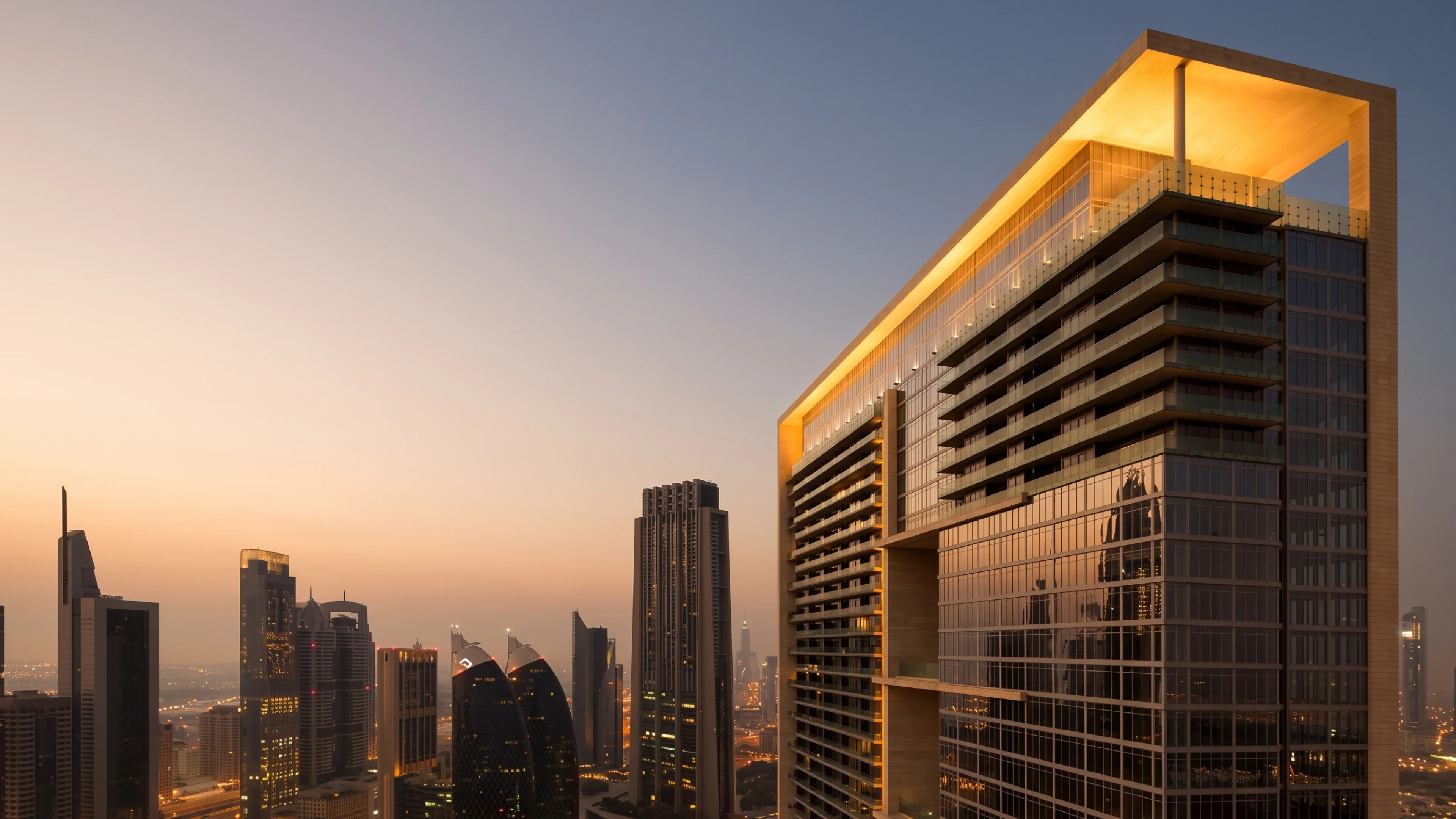 Dubai skyline and a modern residential tower with an illuminated rooftop at sunset