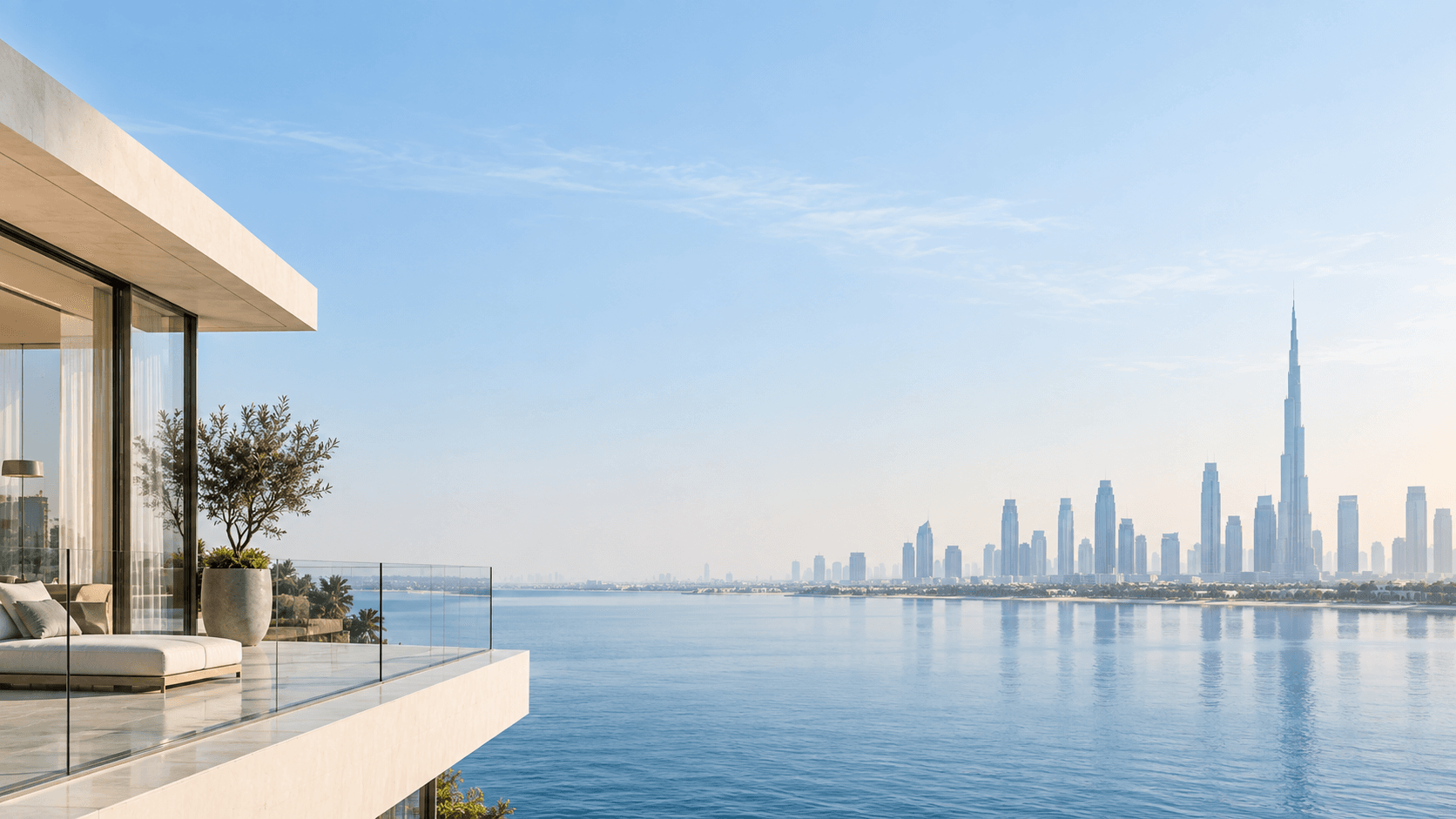 Dubai waterfront residences and skyline at sunset